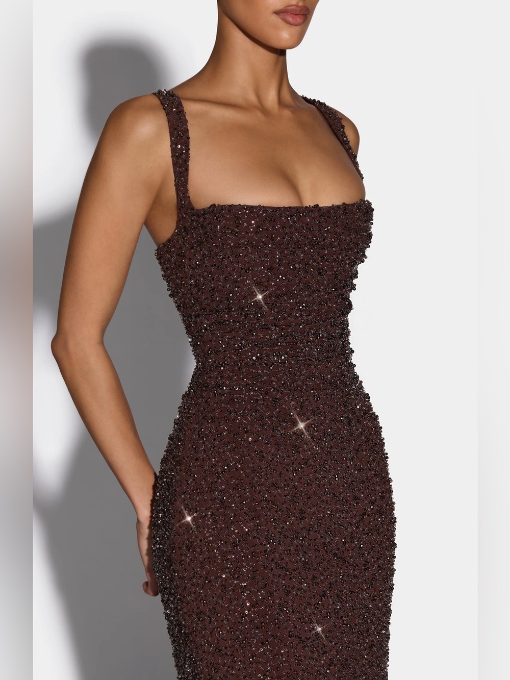 Beaded Square-Neck Midi Dress in Chocolate Brown, CALANTHE MAXI DRESS - PLUM BRO